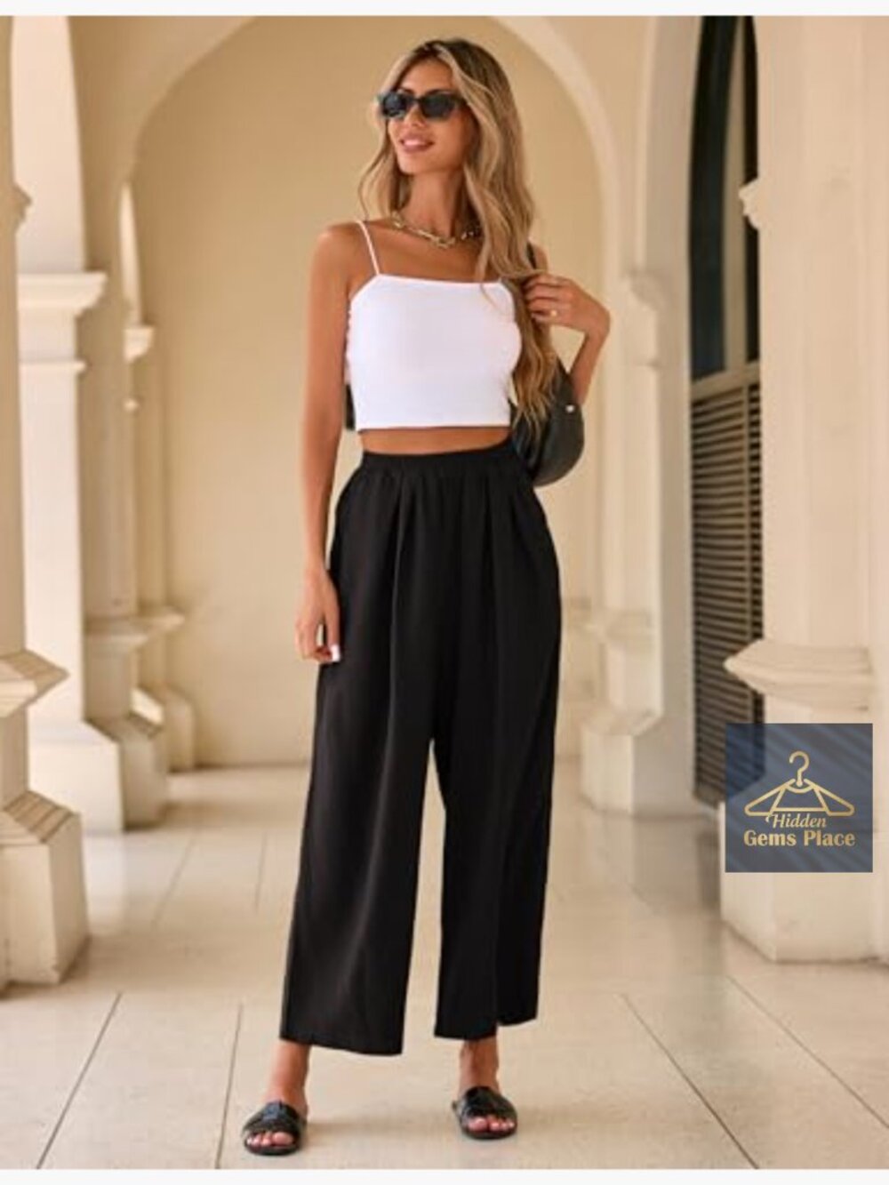 Linen Blend Wide Leg Crop Capri Pants with Pockets - Picture 2 of 7